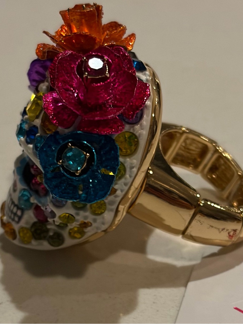 Betsey Johnson Jeweled Floral Sugar Skull Accent Ring - Picture 4 of 4
